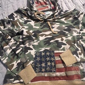 Ariat Camo Hoodie with American Flag and Gold Trim